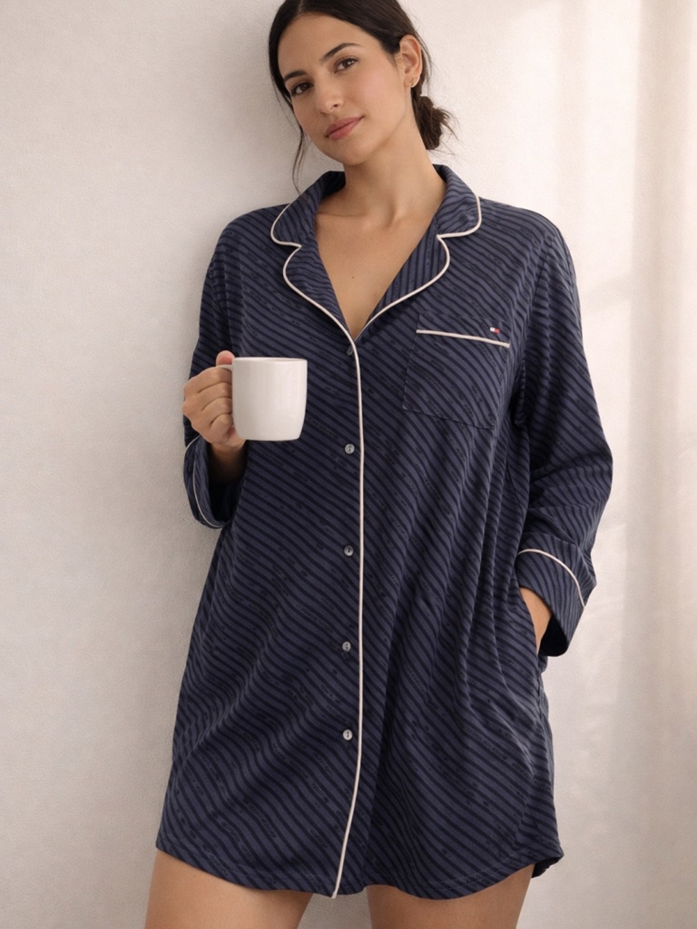 XLTommy Hilfiger Navy Striped Long Sleeve Button Pajama Shirt- White Piping